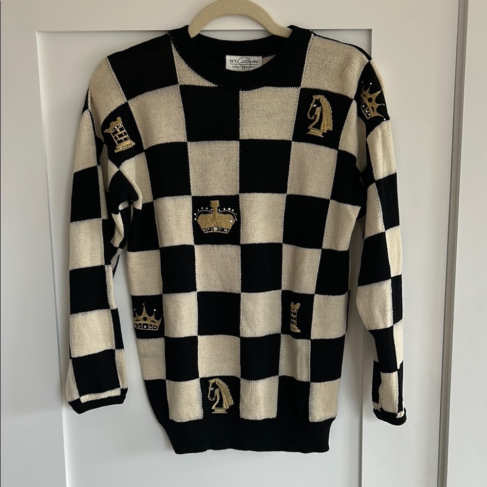 Vintage Black and Cream Checkered Chess Sweater